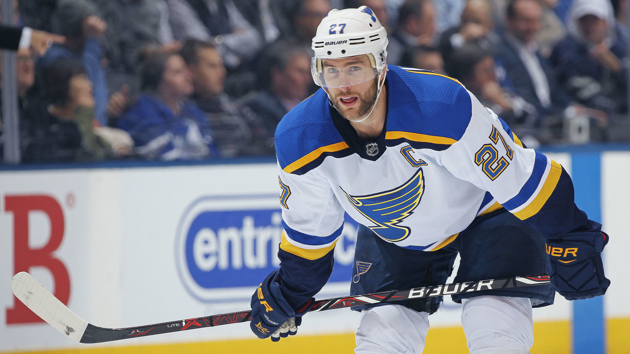TORONTO,ON - JANUARY 16: Alex Pietrangelo #27 of the St.Louis Blues waits for a faceoff against the Toronto Maple Leafs during an NHL game at the Air Canada Centre on January 16, 2018 in Toronto, Ontario, Canada. The Blues defeated the Maple Leafs 2-1 in overtime.