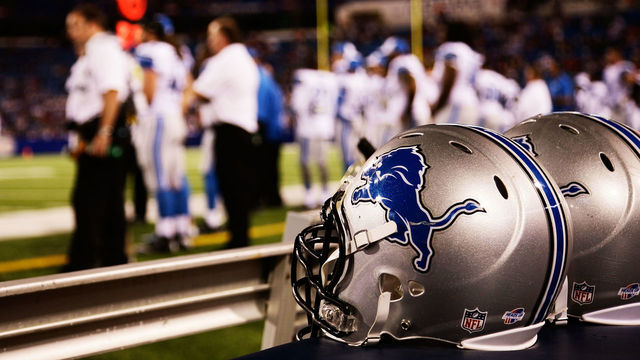 ORCHARD PARK, NY - AUGUST 28: A helmet for the Detroit Lions sits on the sidelines during the second half of a preseason game against the Buffalo Bills at Ralph Wilson Stadium on August 28, 2014 in Orchard Park, New York.
