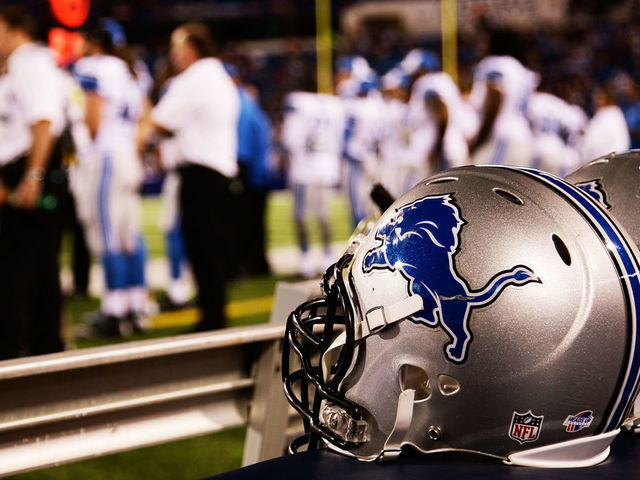 ORCHARD PARK, NY - AUGUST 28: A helmet for the Detroit Lions sits on the sidelines during the second half of a preseason game against the Buffalo Bills at Ralph Wilson Stadium on August 28, 2014 in Orchard Park, New York.