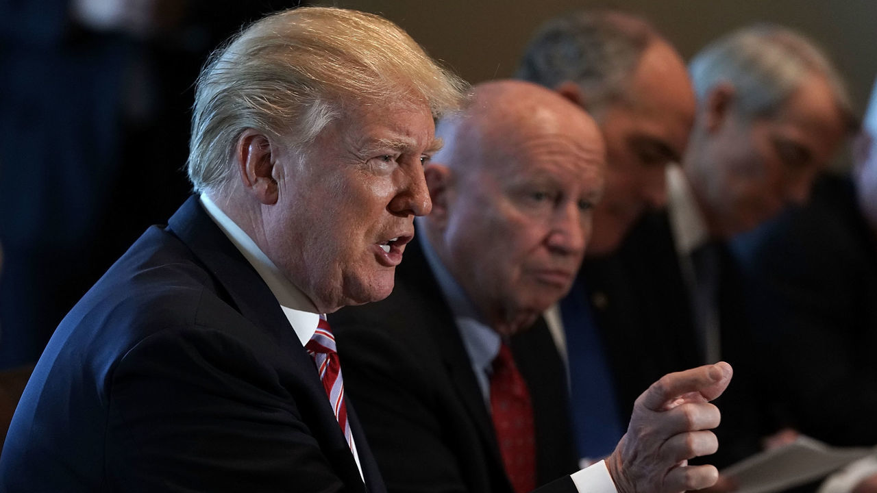 WASHINGTON, DC - FEBRUARY 13: U.S. President Donald Trump (L) speaks as Rep. Kevin Brady (R-TX) (2nd L) listens during a meeting with congressional members in the Cabinet Room of the White House February 13, 2018 in Washington, DC. President Trump held a meeting with congressional members to discuss trade.