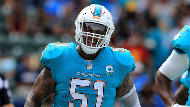 CARSON, CA - SEPTEMBER 17: Mike Pouncey #51 of the Miami Dolphins runs off the field during the second half of a game against the Los Angeles Chargers at StubHub Center on September 17, 2017 in Carson, California.