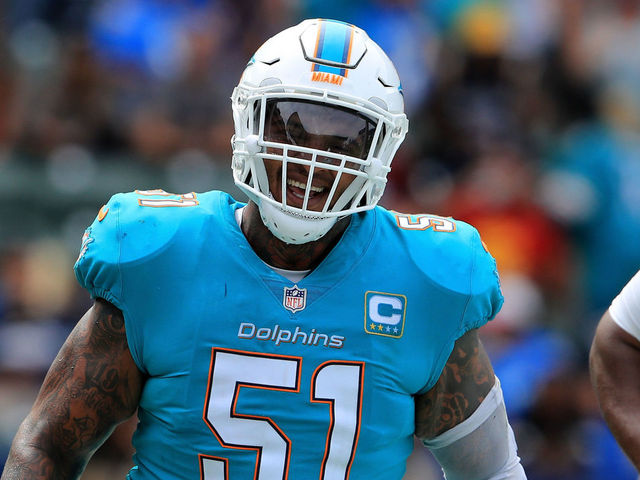 CARSON, CA - SEPTEMBER 17: Mike Pouncey #51 of the Miami Dolphins runs off the field during the second half of a game against the Los Angeles Chargers at StubHub Center on September 17, 2017 in Carson, California.