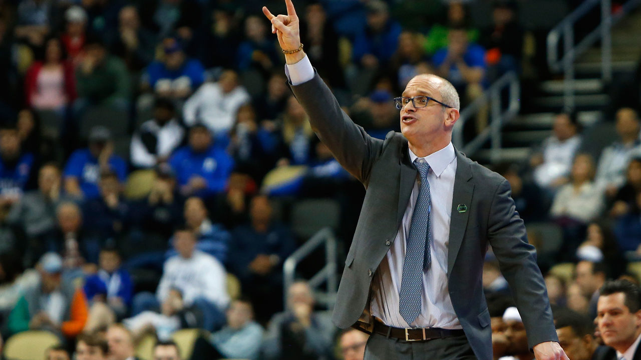PITTSBURGH, PA - MARCH 17: Head coach Dan Hurley of the Rhode Island Rams reacts against the Duke Blue Devils during the first half in the second round of the 2018 NCAA Men's Basketball Tournament at PPG PAINTS Arena on March 17, 2018 in Pittsburgh, Pennsylvania.