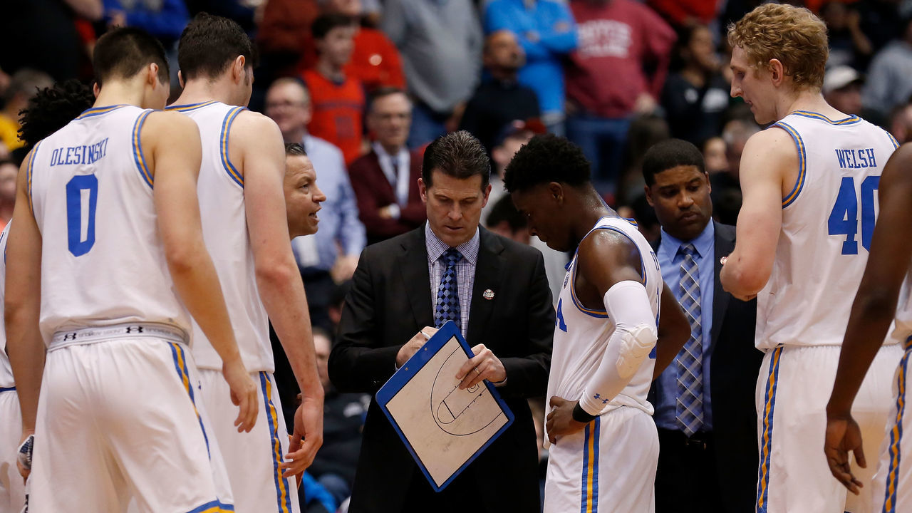 DAYTON, OH - MARCH 13: Head coach Steve Alford of the UCLA Bruins draws a up a play with his players during a timeout in the game against the St. Bonaventure Bonnies at UD Arena on March 13, 2018 in Dayton, Ohio.