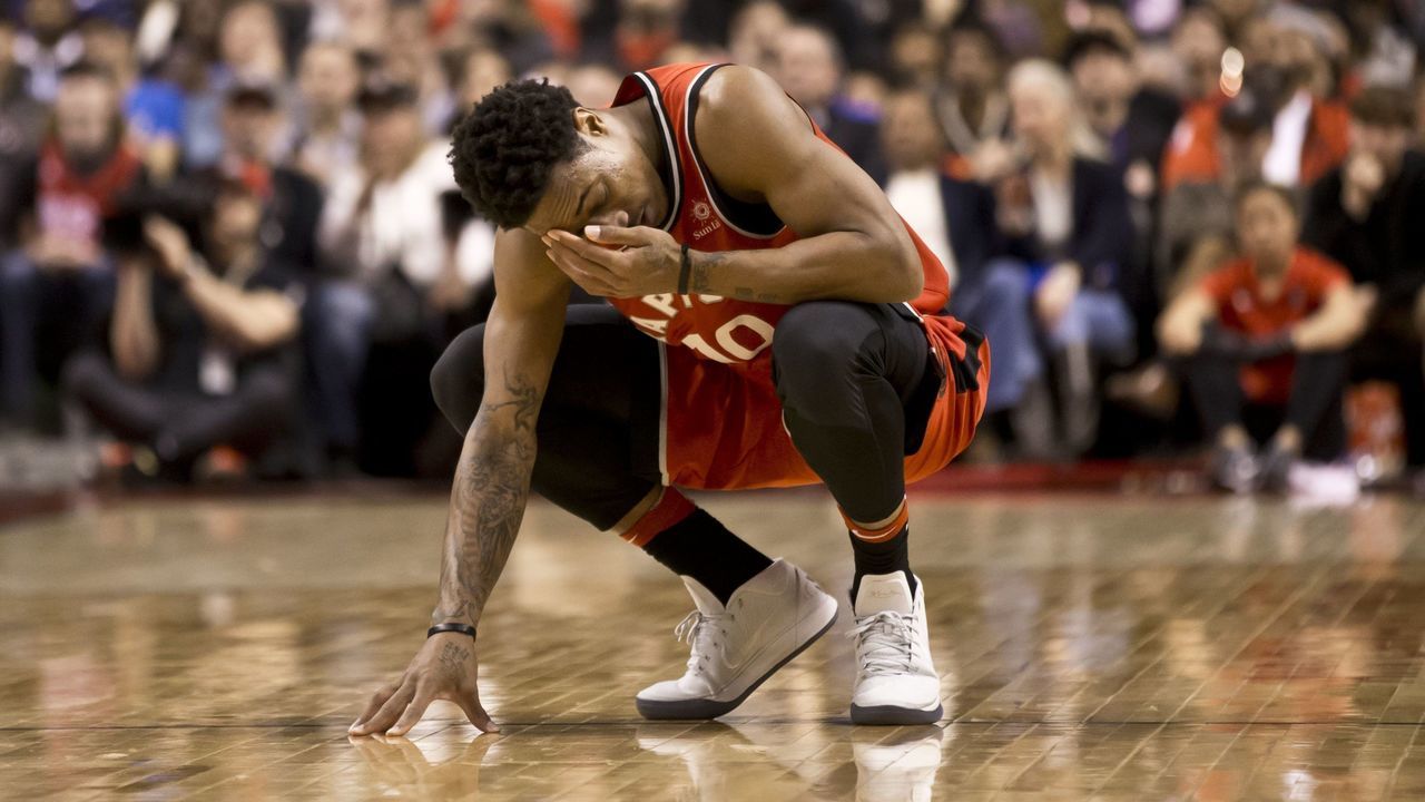 TORONTO, ONTARIO- MARCH 18: Toronto's DeMar DeRozan redacts after a late game collision. The Toronto Raptors hosted the Oklahoma City Thunder a the Air Canada Centre Sunday afternoon and lost 132-125. (Lucas Oleniuk/Toronto Star via Getty Images)
