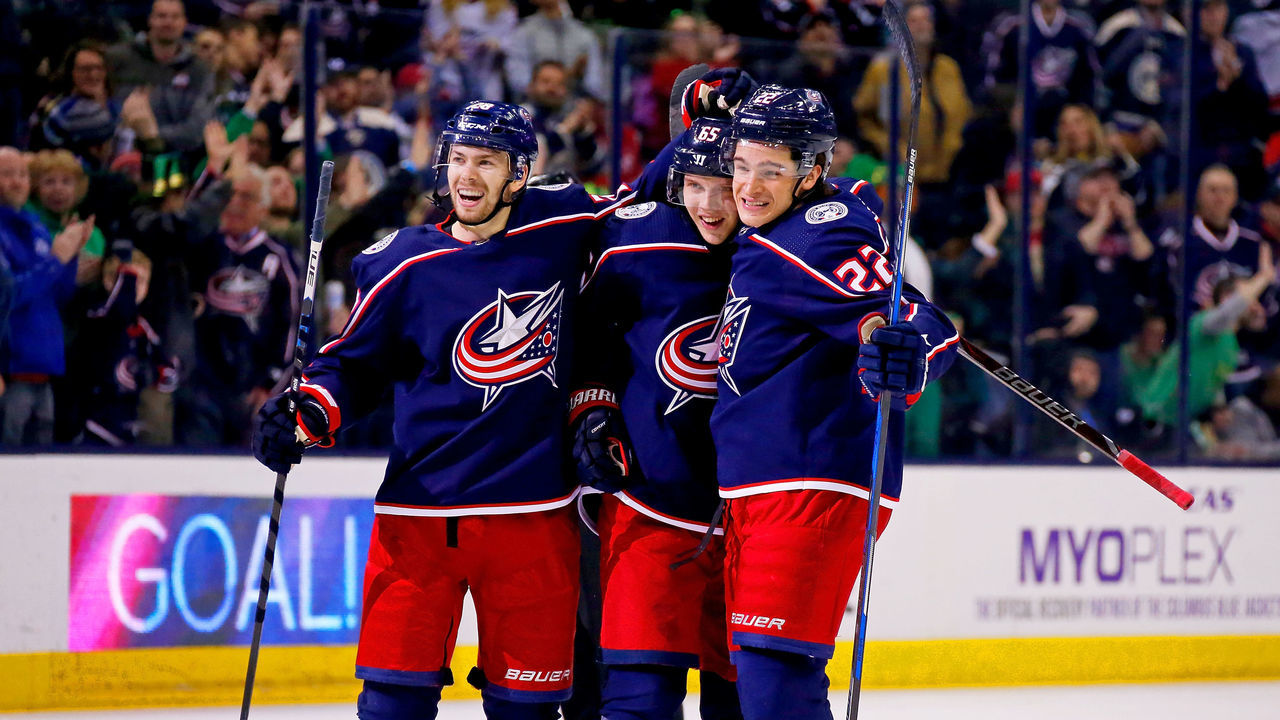 COLUMBUS, OH - MARCH 17: Markus Nutivaara #65 of the Columbus Blue Jackets is congratulated by Oliver Bjorkstrand #28 of the Columbus Blue Jackets and Sonny Milano #22 of the Columbus Blue Jackets after scoring a power-play goal during the second period of the game against the Ottawa Senators on March 17, 2018 at Nationwide Arena in Columbus, Ohio.