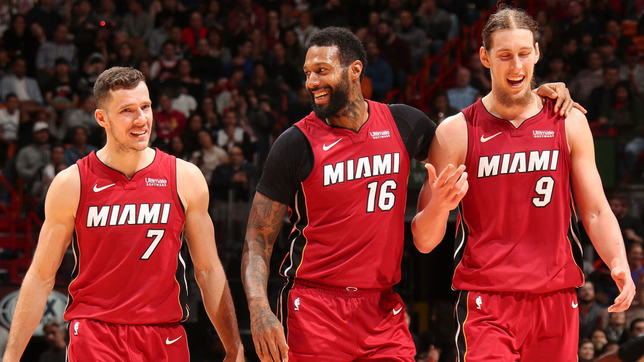 MIAMI, FL - JANUARY 3: Goran Dragic #7, James Johnson #16, and Kelly Olynyk #9 of the Miami Heat during the game against the Detroit Pistons on January 3, 2018 at American Airlines Arena in Miami, Florida. NOTE TO USER: User expressly acknowledges and agrees that, by downloading and/or using this photograph, user is consenting to the terms and conditions of the Getty Images License Agreement. Mandatory Copyright Notice: Copyright 2018 NBAE