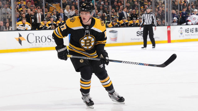 BOSTON, MA - MARCH 19: Ryan Donato #17 of the Boston Bruins skates against the Columbus Blue Jackets at the TD Garden on March 19, 2018 in Boston, Massachusetts.