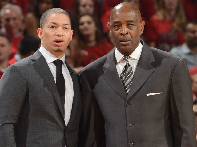TORONTO, ON - MAY 27: Tyronn Lue and Larry Drew of the Cleveland Cavaliers coach during Game Six of the NBA Eastern Conference Finals against the Toronto Raptors at Air Canada Centre on May 27, 2016 in Toronto, Ontario, Canada. NOTE TO USER: User expressly acknowledges and agrees that, by downloading and/or using this photograph, user is consenting to the terms and conditions of the Getty Images License Agreement. Mandatory Copyright Notice: Copyright 2016 NBAE