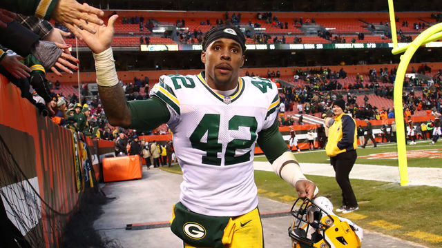 CLEVELAND, OH - DECEMBER 10: Morgan Burnett #42 of the Green Bay Packers celebrates 27-21 victory over the Cleveland Browns with fans at FirstEnergy Stadium on December 10, 2017 in Cleveland, Ohio.
