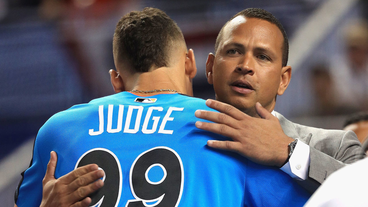 MIAMI, FL - JULY 11: Aaron Judge #99 of the New York Yankees and the American League greets former MLB player Alex Rodriguez during batting practice for the 88th MLB All-Star Game at Marlins Park on July 11, 2017 in Miami, Florida.