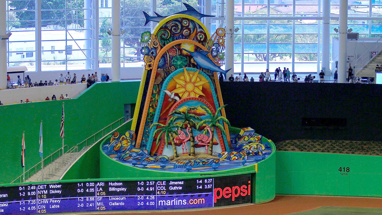 MIAMI, FL - APRIL 01: A general view of the new Miami Marlins Park during a preseason game against the New York Yankees during a game at Marlins Park on April 1, 2012 in Miami, Florida. A mechanical sculpture by Red Grooms will animate everytime a home run is hit yb a Marlin.