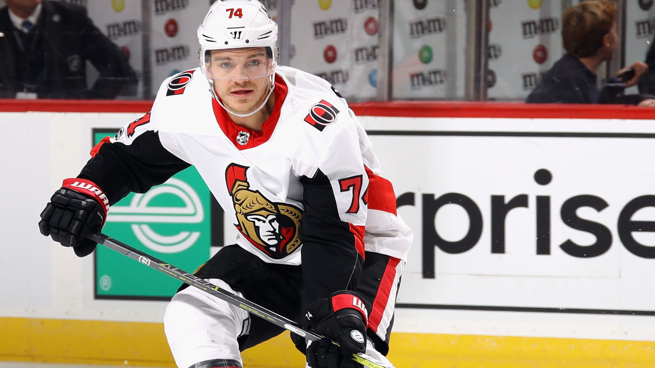 NEWARK, NJ - OCTOBER 27: Mark Borowiecki #74 of the Ottawa Senators skates against the New Jersey Devils at the Prudential Center on October 27, 2017 in Newark, New Jersey. The Devils defeated the Senators 5-4 in the shoot out.