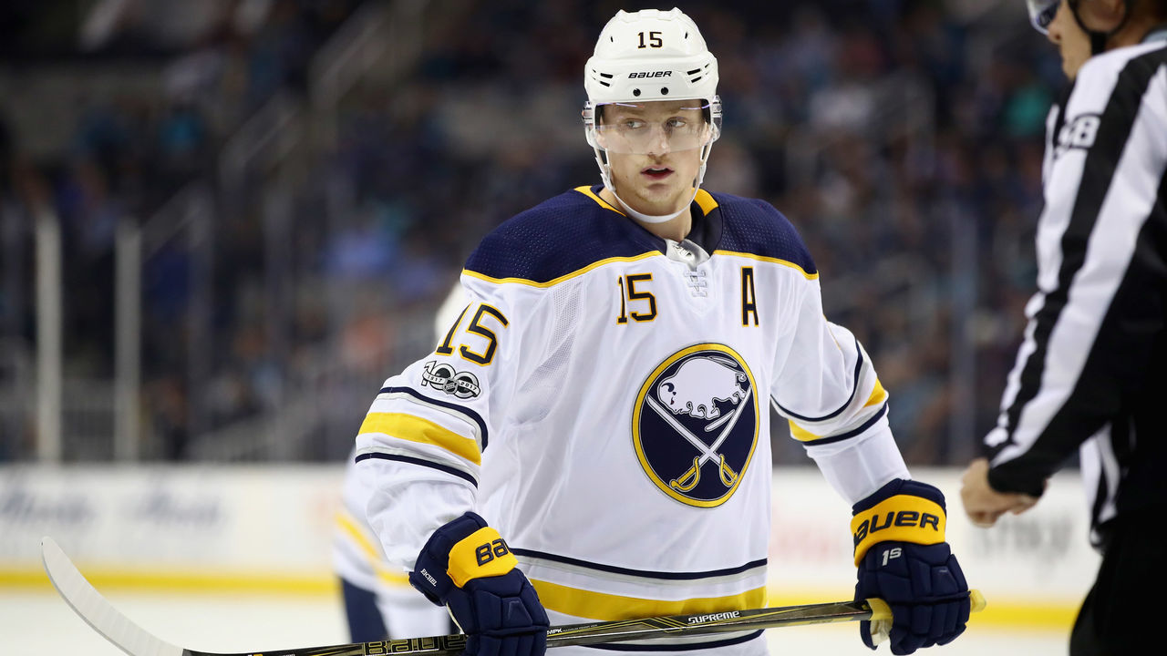SAN JOSE, CA - OCTOBER 12: Jack Eichel #15 of the Buffalo Sabres in action against the San Jose Sharks at SAP Center on October 12, 2017 in San Jose, California.