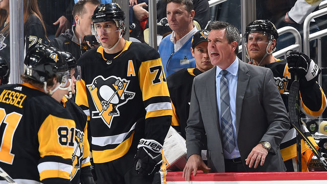 PITTSBURGH, PA - DECEMBER 27: Head coach Mike Sullivan of the Pittsburgh Penguins argues a goaltender interference call during overtime against the Columbus Blue Jackets at PPG Paints Arena on December 27, 2017 in Pittsburgh, Pennsylvania.