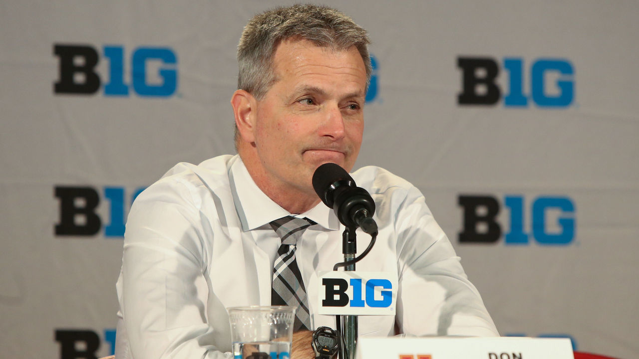 DETROIT, MI - MARCH 17: Minnesota Golden Gophers head coach Don Lucia addresses the media during the post-game press conference at the conclusion of the Big 10 Men's Ice Hockey Tournament semifinal game between Penn State and Minnesota on March 17, 2017, at Joe Louis Arena in Detroit, Michigan. Penn State defeated Minnesota 4-3 in overtime.