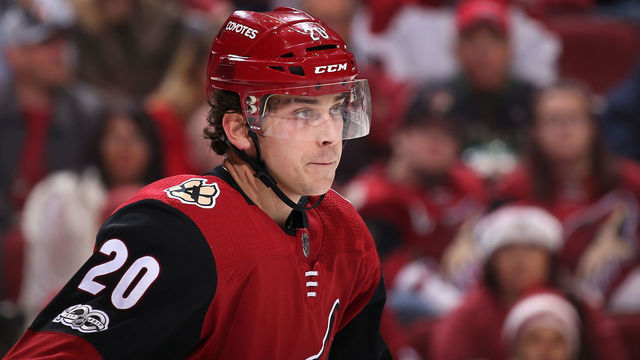 GLENDALE, AZ - DECEMBER 02: Dylan Strome #20 of the Arizona Coyotes skates off the ice during the third period of the NHL game against the New Jersey Devils at Gila River Arena on December 2, 2017 in Glendale, Arizona. The Coyotes defeated the Devils 5-0.
