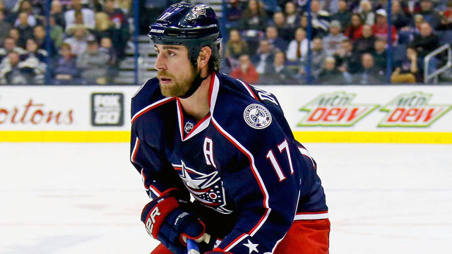 COLUMBUS, OH - JANUARY 7: Brandon Dubinsky #17 of the Columbus Blue Jackets controls the puck during the game against the New York Rangers on January 7, 2017 at Nationwide Arena in Columbus, Ohio.