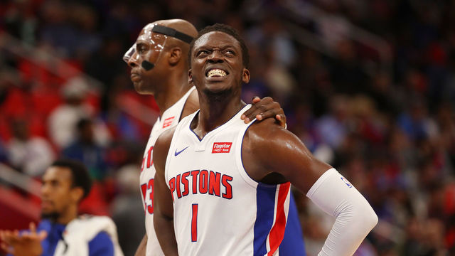 DETROIT, MI - DECEMBER 22: Reggie Jackson #1 of the Detroit Pistons reacts after missing a late fourth quarter free throw next to Anthony Tolliver #43 while playing the New York Knicks at Little Caesars Arena on December 22, 2017 in Detroit, Michigan.