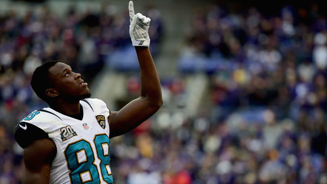 BALTIMORE, MD - DECEMBER 14: Wide receiver Allen Hurns #88 of the Jacksonville Jaguars points to the sky before a game against the Baltimore Ravens at M&T Bank Stadium on December 14, 2014 in Baltimore, Maryland.