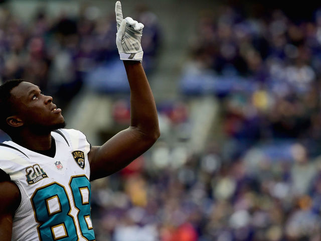 BALTIMORE, MD - DECEMBER 14: Wide receiver Allen Hurns #88 of the Jacksonville Jaguars points to the sky before a game against the Baltimore Ravens at M&T Bank Stadium on December 14, 2014 in Baltimore, Maryland.