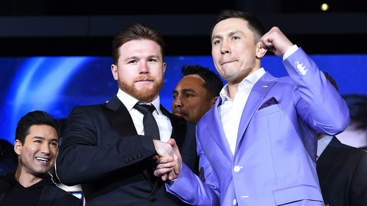 LOS ANGELES, CA - FEBRUARY 27: Boxers Canelo Alvarez (L) and Gennady Golovkin pose during a news conference at Microsoft Theater at L.A. Live to announce their upcoming rematch on February 27, 2018 in Los Angeles, California.