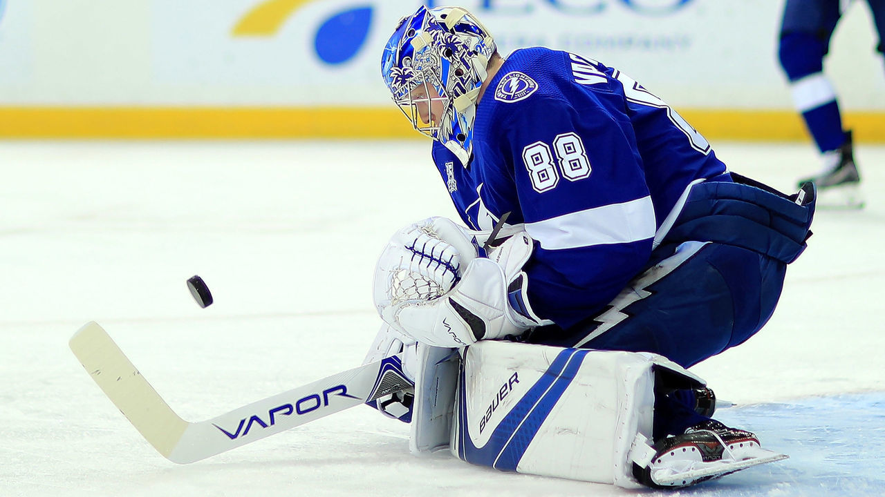 TAMPA, FL - MARCH 20: Andrei Vasilevskiy #88 of the Tampa Bay Lightning warms up during a game against the Toronto Maple Leafs at Amalie Arena on March 20, 2018 in Tampa, Florida.