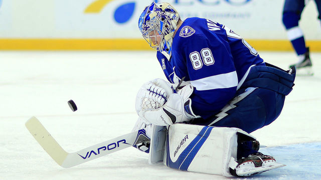 TAMPA, FL - MARCH 20: Andrei Vasilevskiy #88 of the Tampa Bay Lightning warms up during a game against the Toronto Maple Leafs at Amalie Arena on March 20, 2018 in Tampa, Florida.