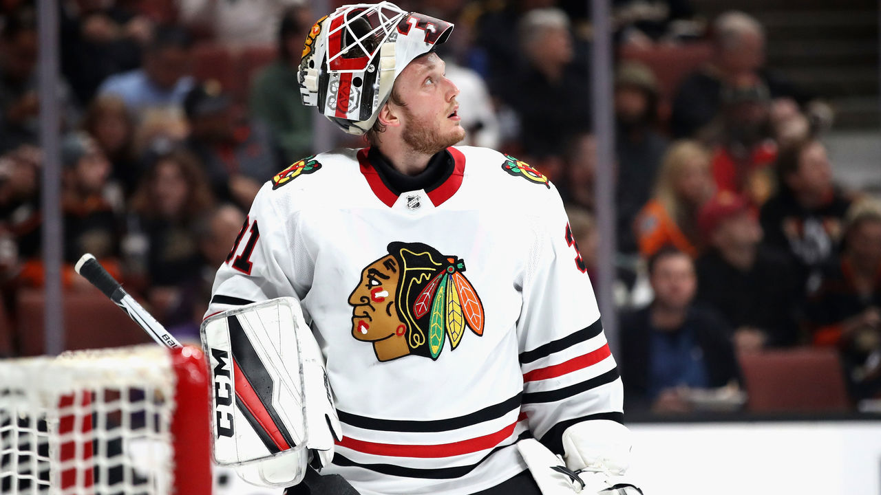 ANAHEIM, CA - MARCH 04: Anton Forsberg #31 of the Chicago Blackhawks looks on during the first period of a game against the Anaheim Ducks at Honda Center on March 4, 2018 in Anaheim, California.
