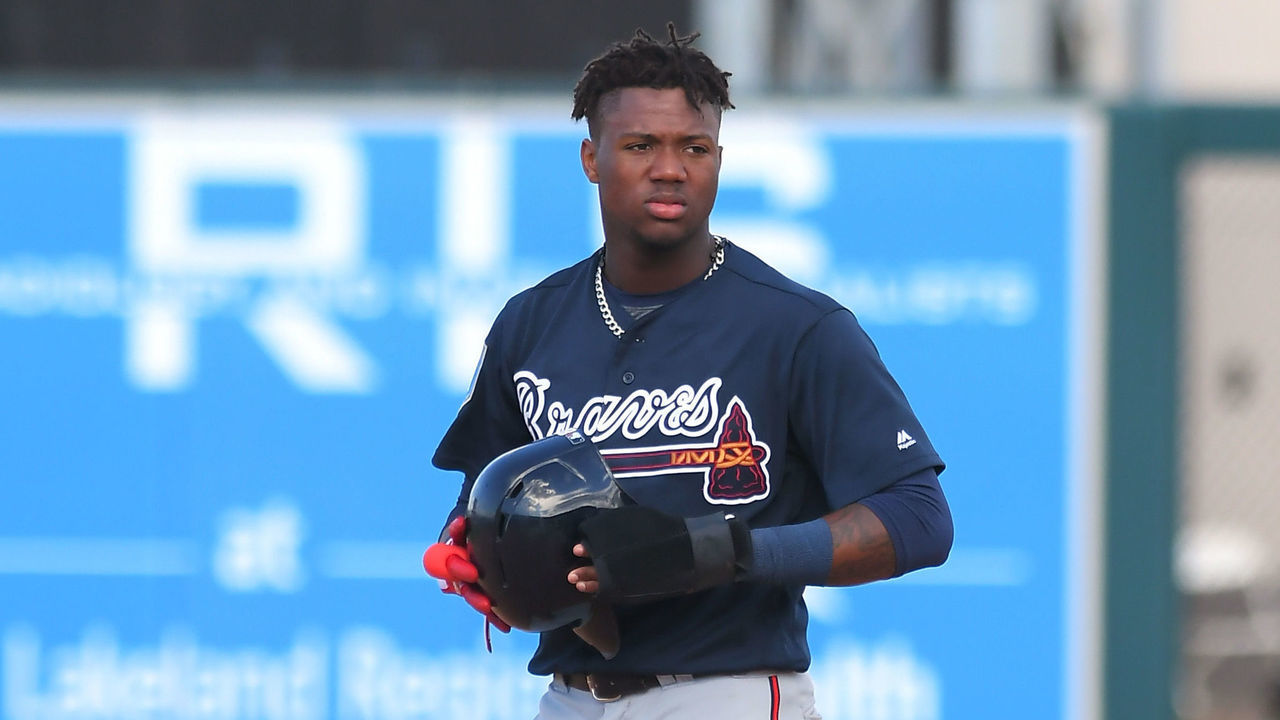 LAKELAND, FL - MARCH 01: Ronald Acuna Jr. #82 of the Atlanta Braves looks on during the Spring Training game against the Detroit Tigers at Publix Field at Joker Marchant Stadium on March 1, 2018 in Lakeland, Florida. The Braves defeated the Tigers 5-2.