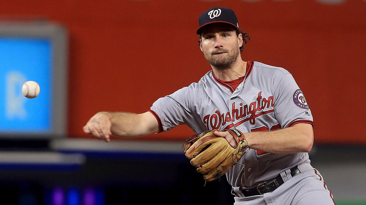 MIAMI, FL - SEPTEMBER 05: Daniel Murphy #20 of the Washington Nationals makes a throw to first during a game against the Miami Marlins at Marlins Park on September 5, 2017 in Miami, Florida.