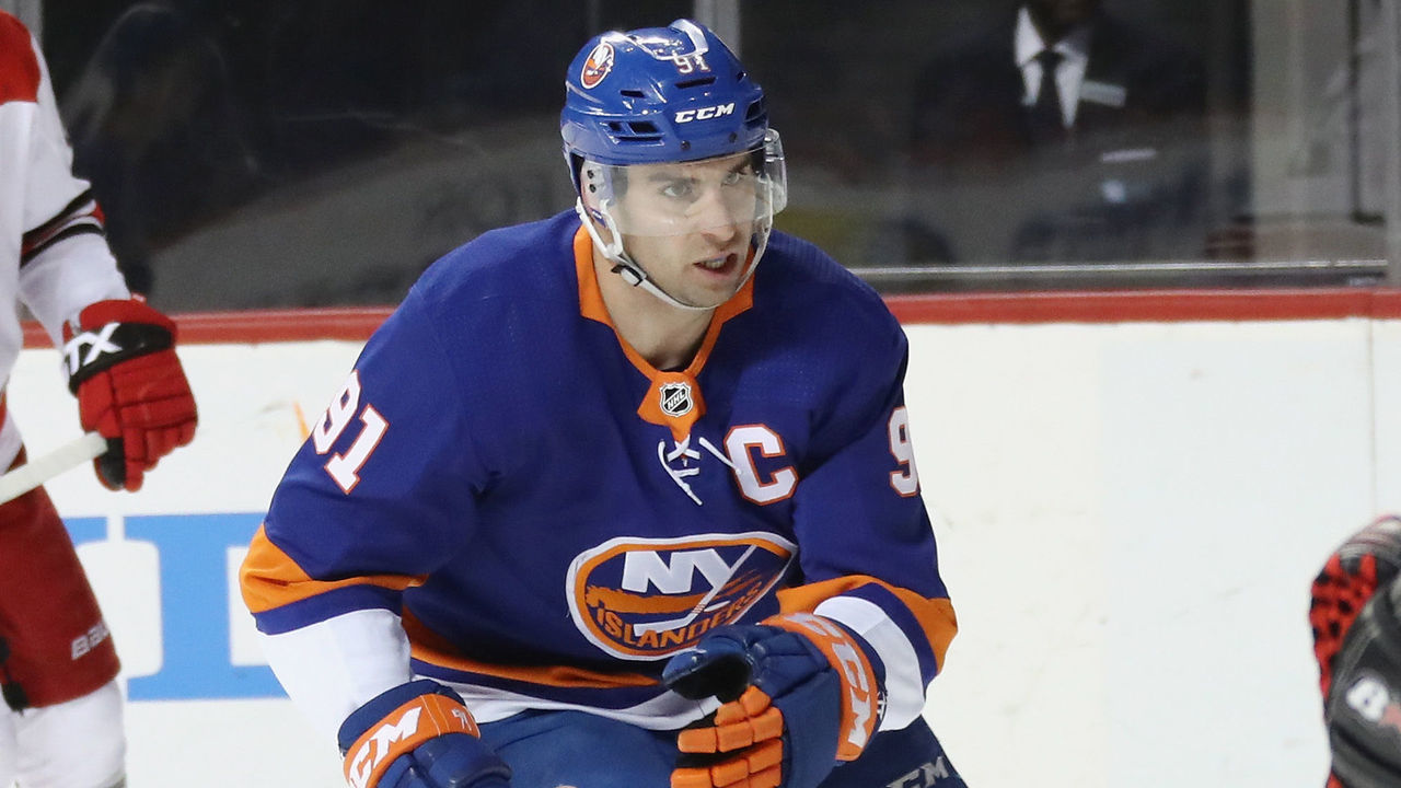NEW YORK, NY - MARCH 18: John Tavares #91 of the New York Islanders skates against the Carolina Hurricanes at the Barclays Center on March 18, 2018 in the Brooklyn borough of New York City.