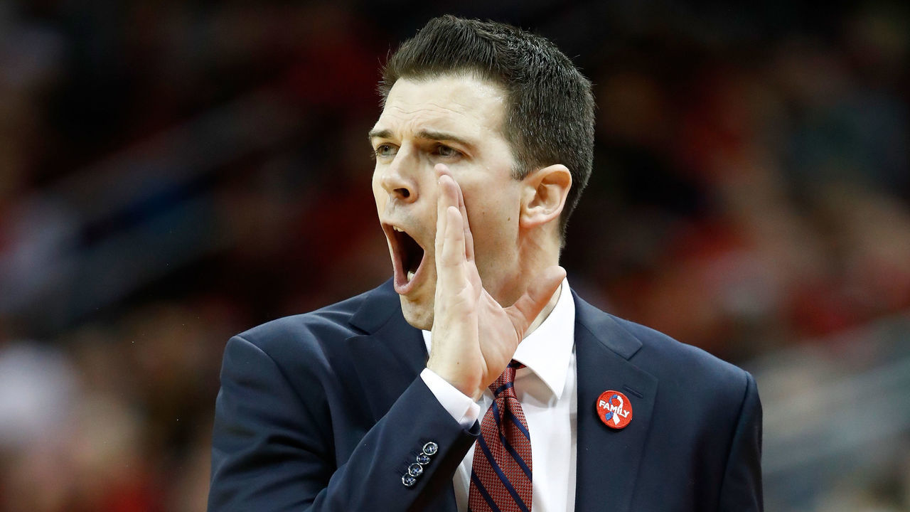 LOUISVILLE, KY - FEBRUARY 08: David Padgett the interim head coach of the Louisville Cardinals gives instructions to his team against the Georgia Tech Yellow Jackets during the game at KFC YUM! Center on February 8, 2018 in Louisville, Kentucky.