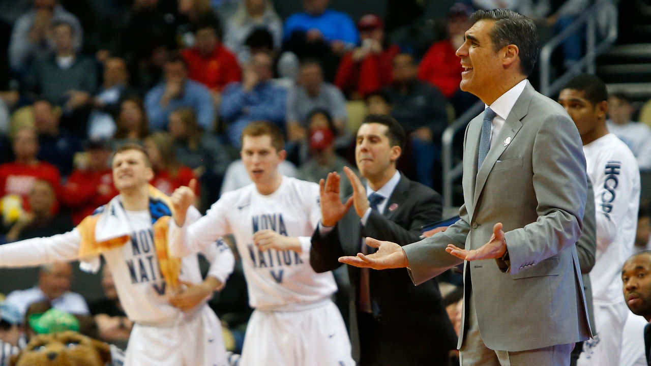 PITTSBURGH, PA - MARCH 15: Head coach Jay Wright of the Villanova Wildcats shouts against the Radford Highlanders during the first half of the game in the first round of the 2018 NCAA Men's Basketball Tournament at PPG PAINTS Arena on March 15, 2018 in Pittsburgh, Pennsylvania.