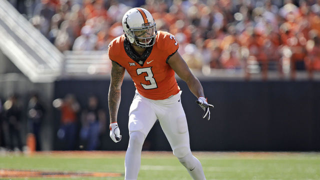 STILLWATER, OK - OCTOBER 14: Wide receiver Marcell Ateman #3 of the Oklahoma State Cowboys lines up against the Baylor Bears at Boone Pickens Stadium on October 14, 2017 in Stillwater, Oklahoma. Oklahoma State defeated Baylor 59-16.