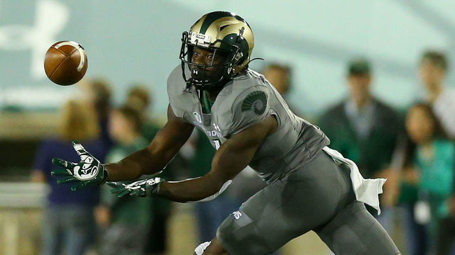 FORT COLLINS, CO - OCTOBER 1: Wide receiver Michael Gallup #4 of the Colorado State Rams makes a catch during the first quarter against the Wyoming Cowboys at Sonny Lubick Field at Hughes Stadium on October 1, 2016 in Fort Collins, Colorado.