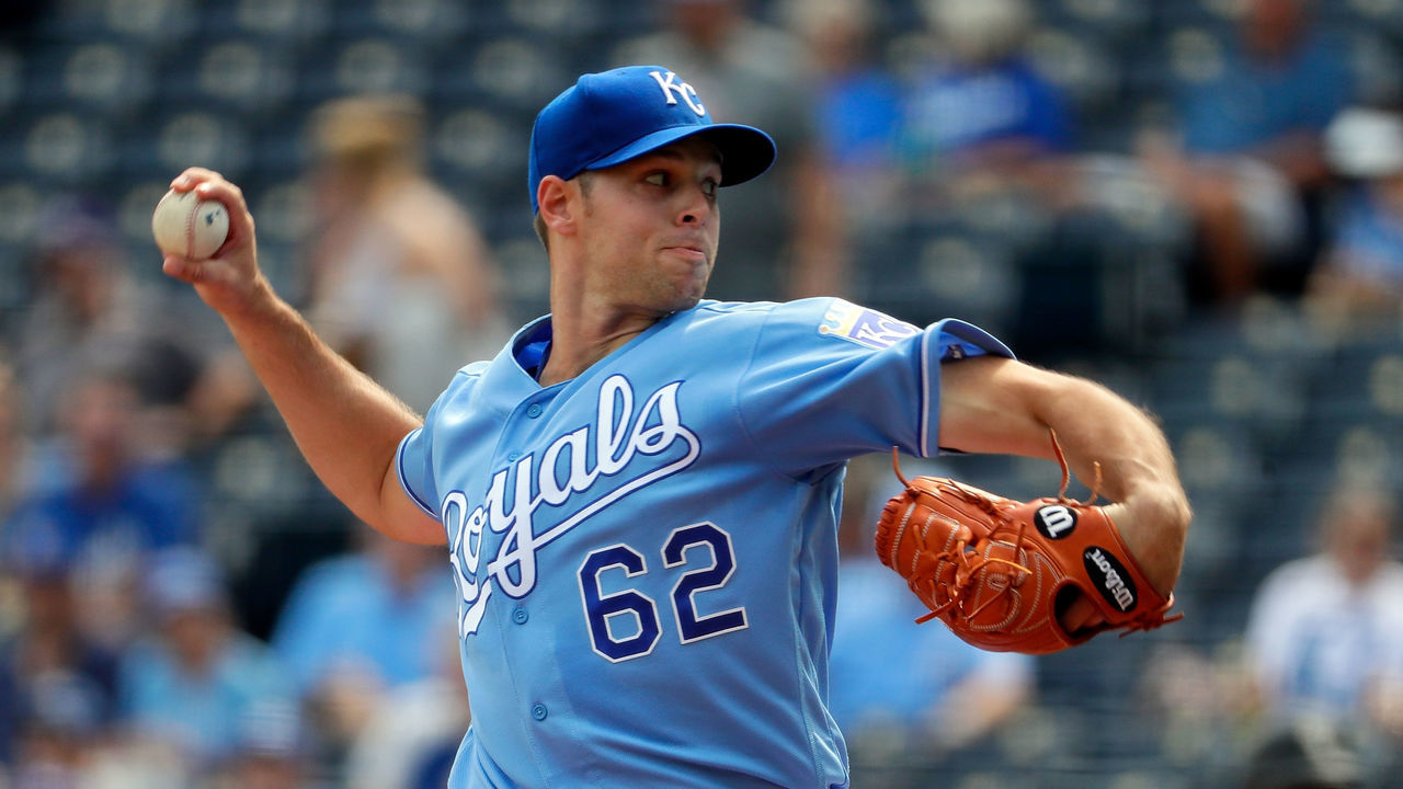 KANSAS CITY, MO - SEPTEMBER 12: Starting pitcher Sam Gaviglio #62 of the Kansas City Royals pitches during the 1st inning of the game at Kauffman Stadium on September 12, 2017 in Kansas City, Missouri.