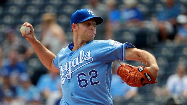 KANSAS CITY, MO - SEPTEMBER 12: Starting pitcher Sam Gaviglio #62 of the Kansas City Royals pitches during the 1st inning of the game at Kauffman Stadium on September 12, 2017 in Kansas City, Missouri.