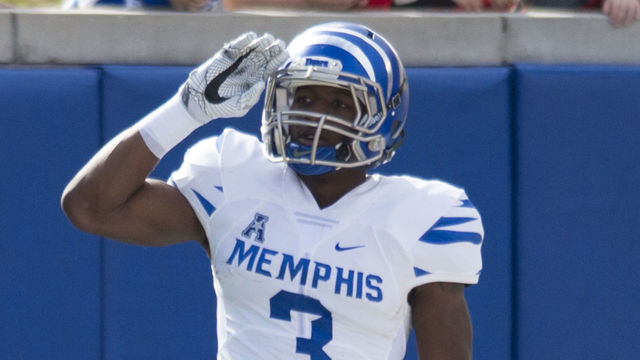DALLAS, TX - NOVEMBER 5: Anthony Miller #3 of the Memphis Tigers celebrates after scoring a touchdown against the SMU Mustangs during the first half on November 5, 2016 at Gerald J. Ford Stadium in Dallas, Texas.