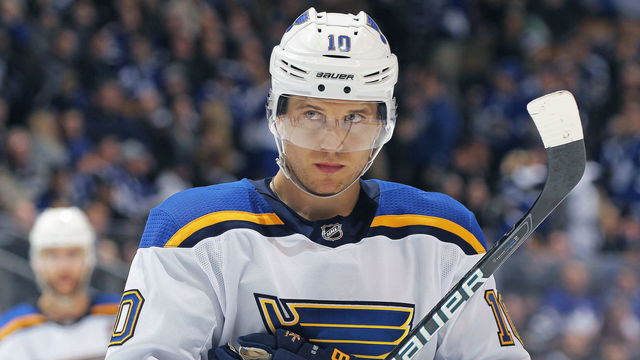 TORONTO,ON - JANUARY 16: Brayden Schenn #10 of the St.Louis Blues gets set for a faceoff against the Toronto Maple Leafs during an NHL game at the Air Canada Centre on January 16, 2018 in Toronto, Ontario, Canada. The Blues defeated the Maple Leafs 2-1 in overtime.