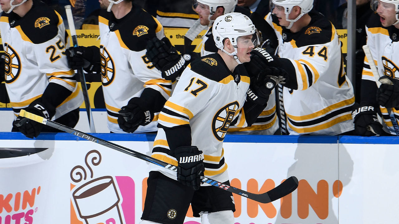 ST. LOUIS, MO - MARCH 21: Ryan Donato #17 of the Boston Bruins is congratulated after scoring a goal against the St. Louis Blues at Scottrade Center on March 21, 2018 in St. Louis, Missouri.