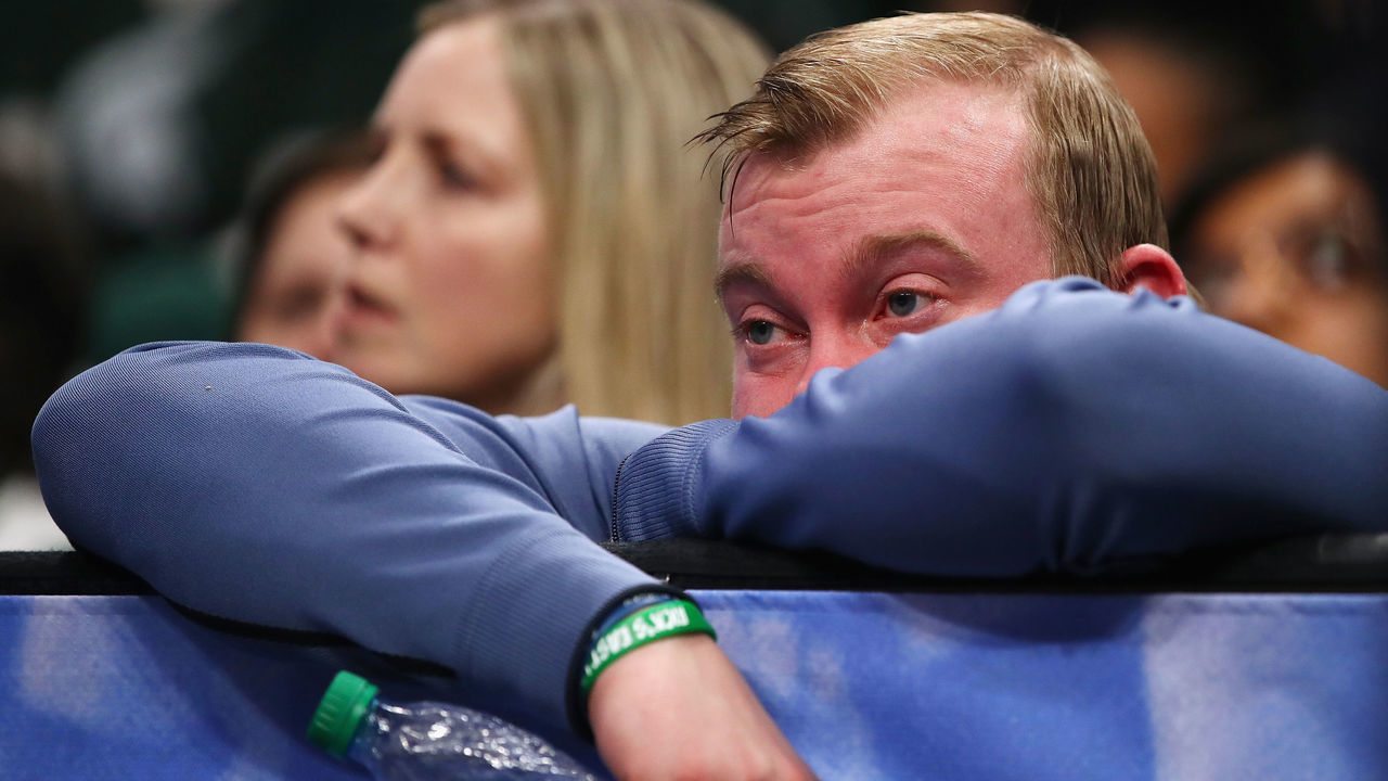 DETROIT, MI - MARCH 18: A Michigan State Spartans fan reacts during the second half of the game between the Syracuse Orange and the Michigan State Spartans in the second round of the 2018 NCAA Men's Basketball Tournament at Little Caesars Arena on March 18, 2018 in Detroit, Michigan.