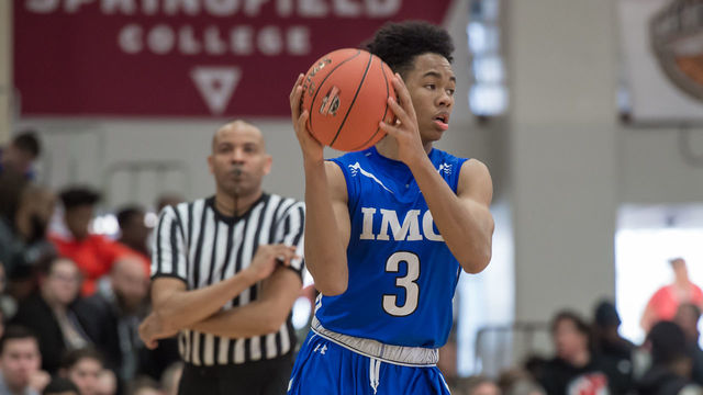 SPRINGFIELD, MA - JANUARY 14: IMG Academy Ascenders guard Anfernee Simons (3) sets the play during the first half of the Spalding Hoophall Classic high school basketball game between the Vermont Academy Wildcats and the IMG Academy Post Grad Ascenders on January 14, 2018, at the Blake Arena in Springfield, MA .