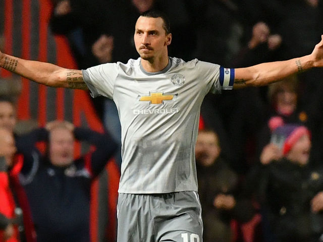 BRISTOL, ENGLAND - DECEMBER 20: Zlatan Ibrahimovic of Manchester United celebrates after scoring his sides first goal during the Carabao Cup Quarter-Final match between Bristol City and Manchester United at Ashton Gate on December 20, 2017 in Bristol, England.