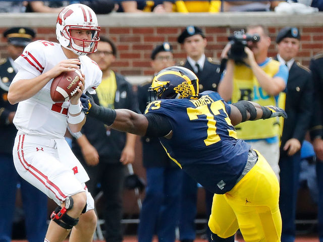 ANN ARBOR, MI - OCTOBER 01: Maurice Hurst #73 of the Michigan Wolverines rushes quarterback Alex Hornibrook #12 of the Wisconsin Badgers during the second quarter of the game at Michigan Stadium on October 1, 2016 in Ann Arbor, Michigan.
