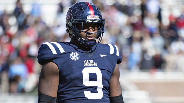 OXFORD, MS - OCTOBER 28: Breeland Speaks #9 of the Ole Miss Rebels waits for the next play during a game against the Arkansas Razorbacks at Hemingway Stadium on October 28, 2017 in Oxford, Mississippi. The Razorbacks defeated the Rebels 38-37.