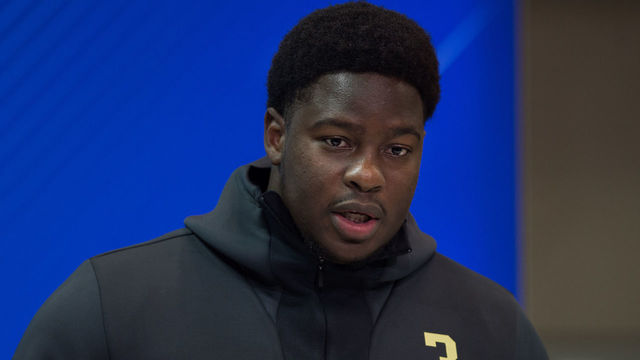 INDIANAPOLIS, IN - MARCH 03: Connecticut defensive lineman Foley Fatukasi answers questions from the media during the NFL Scouting Combine on March 3, 2018 at the Indiana Convention Center in Indianapolis, IN.
