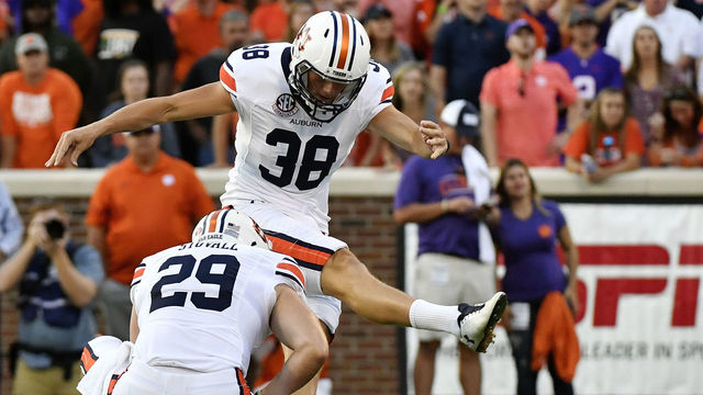 CLEMSON, SC - SEPTEMBER 09: Place kicker Daniel Carlson #38 of the Auburn Tigers kicks a field goal against the Clemson Tigers during the football game at Memorial Stadium on September 9, 2017 in Clemson, South Carolina.