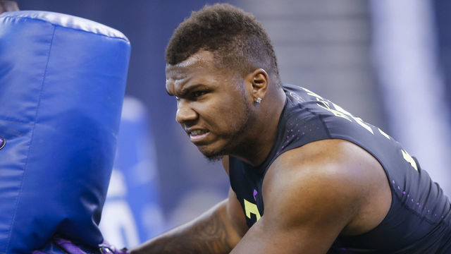 INDIANAPOLIS, IN - MARCH 04: Stephen F Austin defensive lineman John Franklin-Myers (DL33) during the NFL Scouting Combine at Lucas Oil Stadium on March , 2018 in Indianapolis, Indiana.
