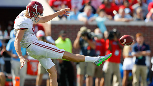 OXFORD, MS - SEPTEMBER 17: JK Scott #15 of the Alabama Crimson Tide punts against the Mississippi Rebels at Vaught-Hemingway Stadium on September 17, 2016 in Oxford, Mississippi.